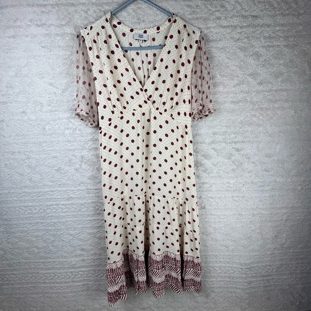 NOA NOA Baby Doll Tiered Dress Sz M Whimsy Faux Wrap Rockabilly Polka Dots Sheer